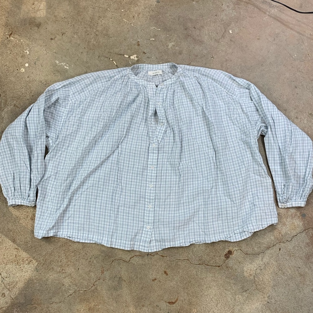 Doen Light Blue Plaid Button-Down Peasant Blouse